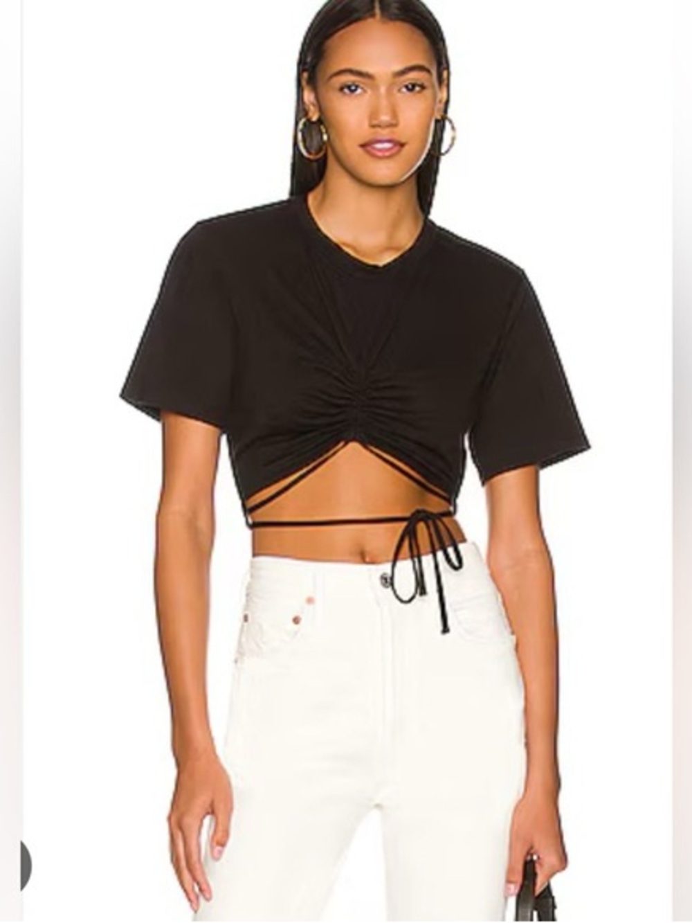 A.L.C. Black Ruched Tie Front Crop Tee